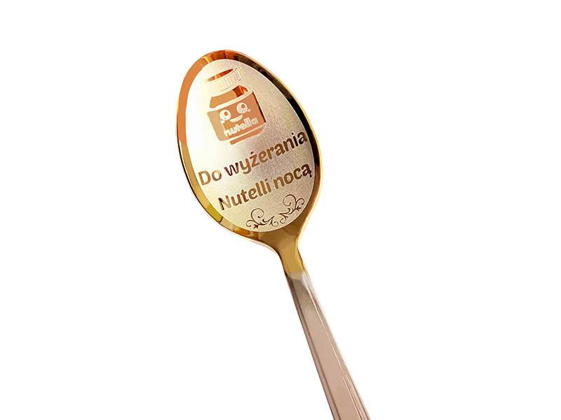 łyżeczka nierdzewna srebrne-złotego koloru z wygrawerowanym śmiesznym napisem na prezent dla cukiernika